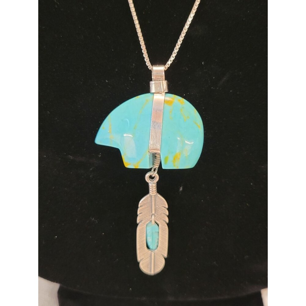 Sterling Silver 925 & Turquoise Bear Fetish Pendant Necklace W/ Dangling Feather